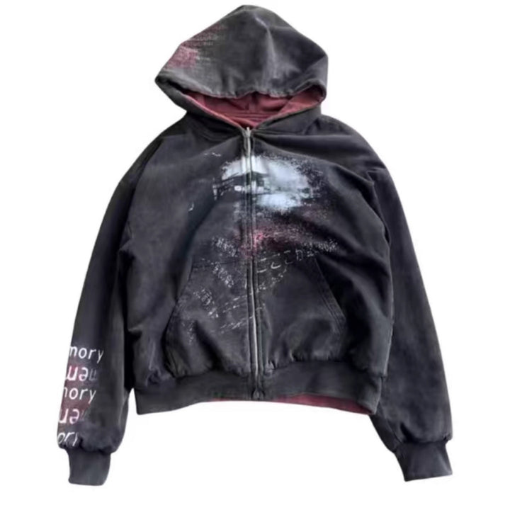 Unisex nan Hooded jacket with continuous zipper, used effect, double-layer hood and sleeve print StylebySassy