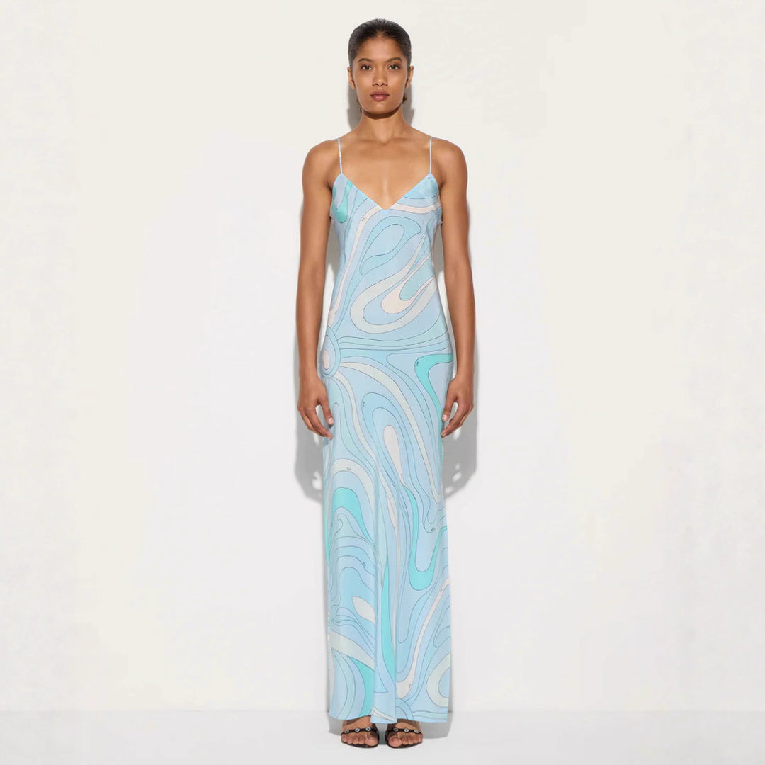 Ladies elegant slip maxi dress with V-neck, delicate spaghetti straps and retro graphic all-over print StylebySassy