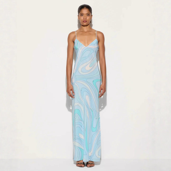 Ladies elegant slip maxi dress with V-neck, delicate spaghetti straps and retro graphic all-over print StylebySassy