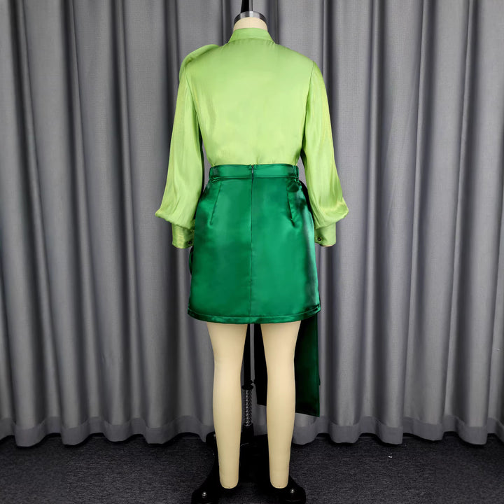 Women’s satin skirt with floral ruffle design and fitted bow detail.