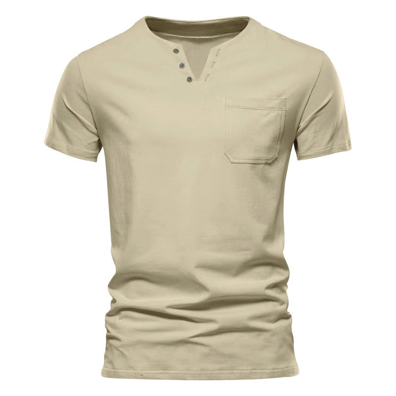 Men's tailored short sleeve Henley shirt with chest pocket and asymmetrical button placket StylebySassy