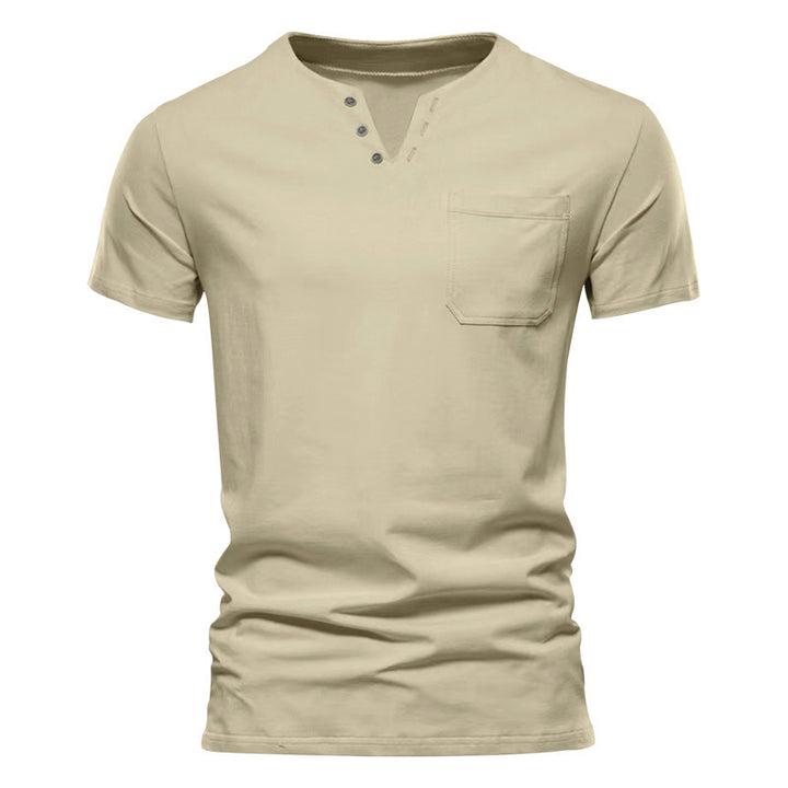 Men's tailored short sleeve Henley shirt with chest pocket and asymmetrical button placket StylebySassy