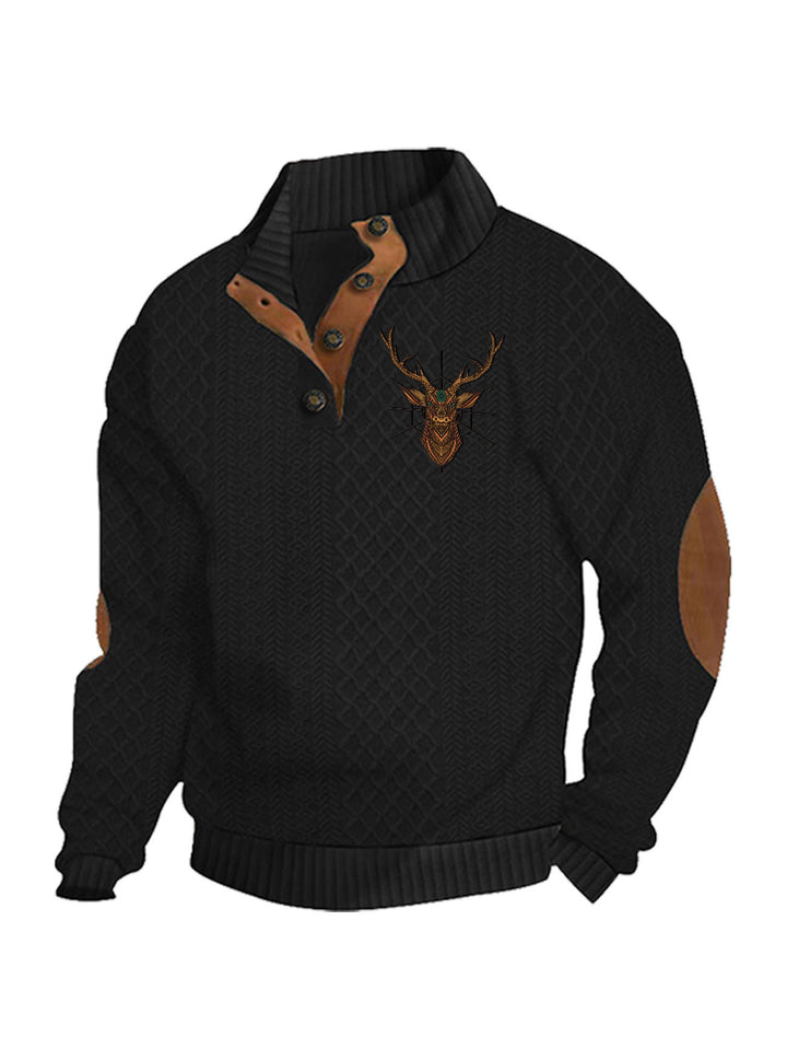 Men's nan Heritage textured pullover with stand-up collar faux leather trim elbow patches and half-button placket StylebySassy