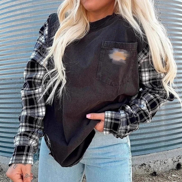 Women's oversized sweatshirt in mixed materials with checkered sleeves and applied chest pocket StylebySassy