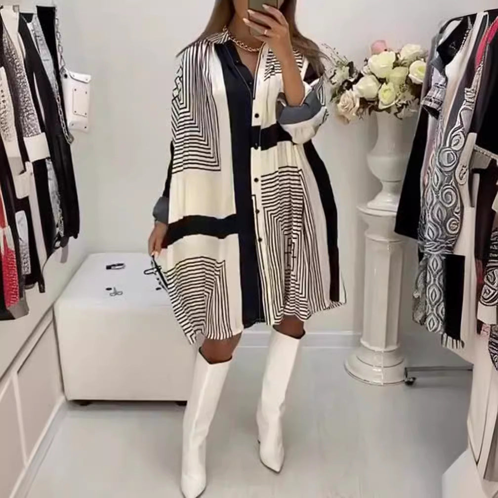 Women's knee-length A-line shirt dress with graphic line print, concealed button placket, and oversized cuffs StylebySassy