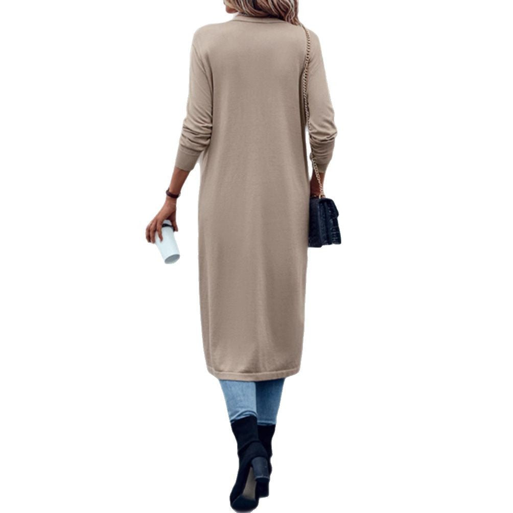 Women's long fine-knit cardigan in duster style with open fall and narrow sleeve section StylebySassy