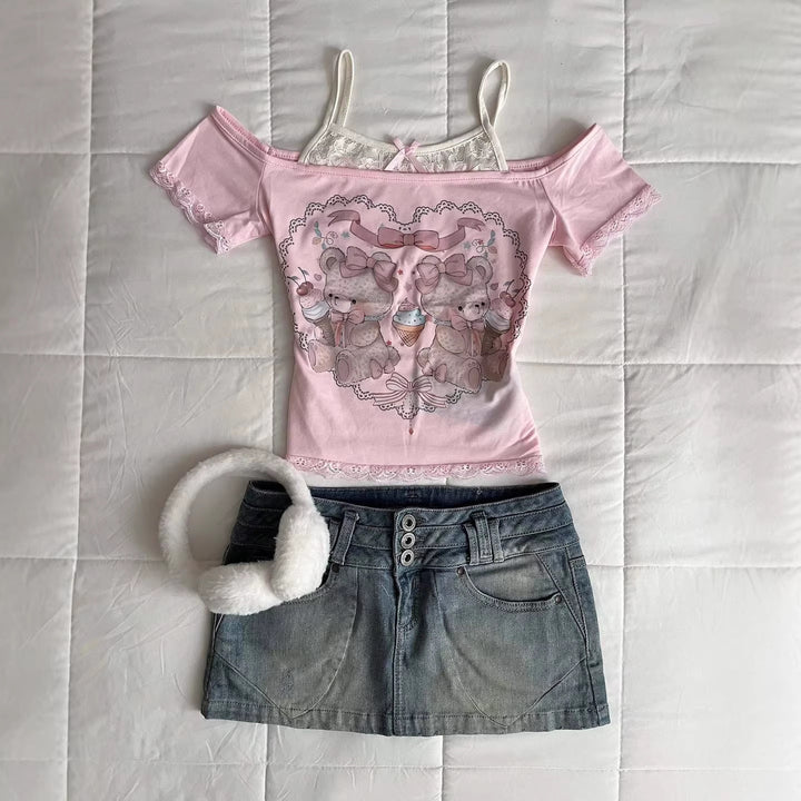 Women Playful T-Shirt with Lace Applications and Cute Bear Motif StylebySassy