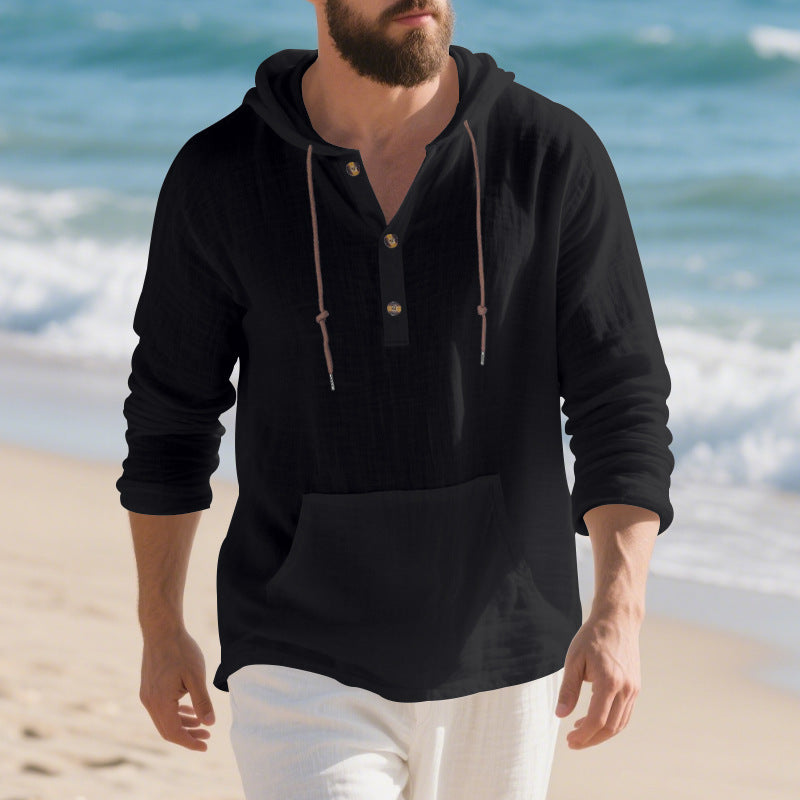 Men's lightweight hooded henley made of linen-cotton blend with kangaroo pocket and button placket StylebySassy