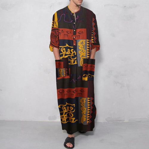 Ladies' Ethno-Maxi dress with stand-up collar, short button placket, dropped sleeves, and A-line cut StylebySassy