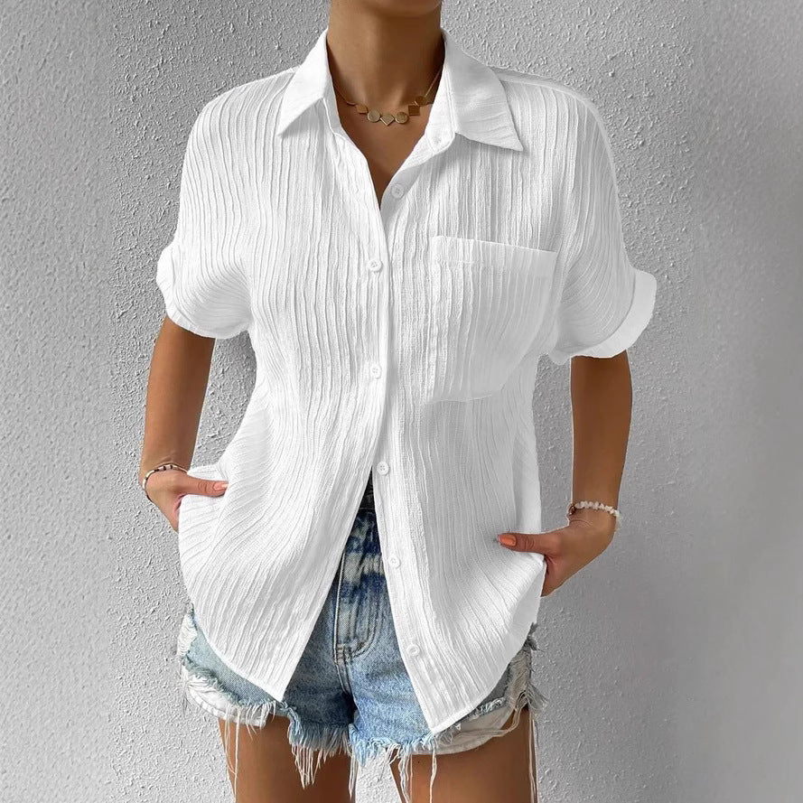 Women's crinkle effect shirt blouse with breast pocket, rolled sleeves and loose fit StylebySassy