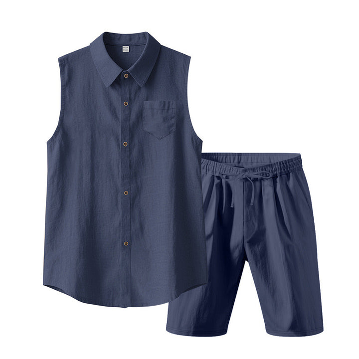 Men's sleeveless shirt and shorts set made of cotton-linen with kent collar and elastic drawstring waistband StylebySassy