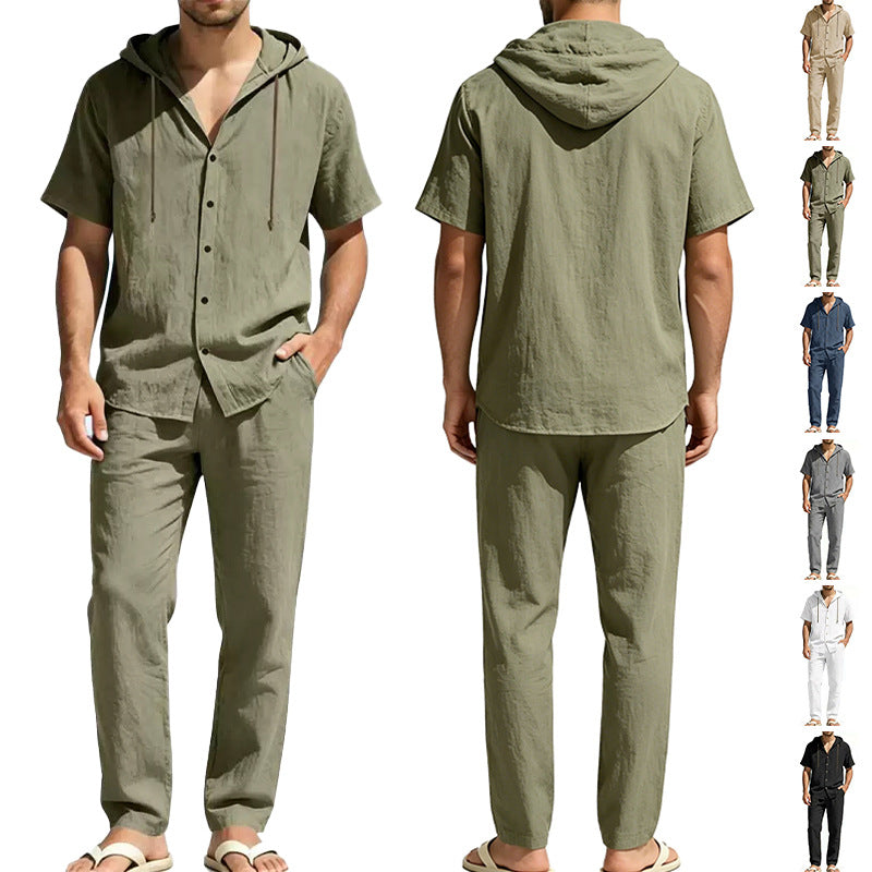 Men's airy linen lounge set with short-sleeved hoodie and straight relaxed pants StylebySassy