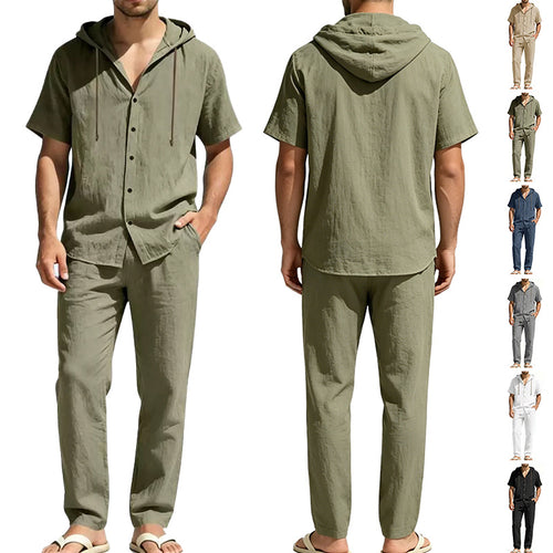 Men's airy linen lounge set with short-sleeved hoodie and straight relaxed pants StylebySassy