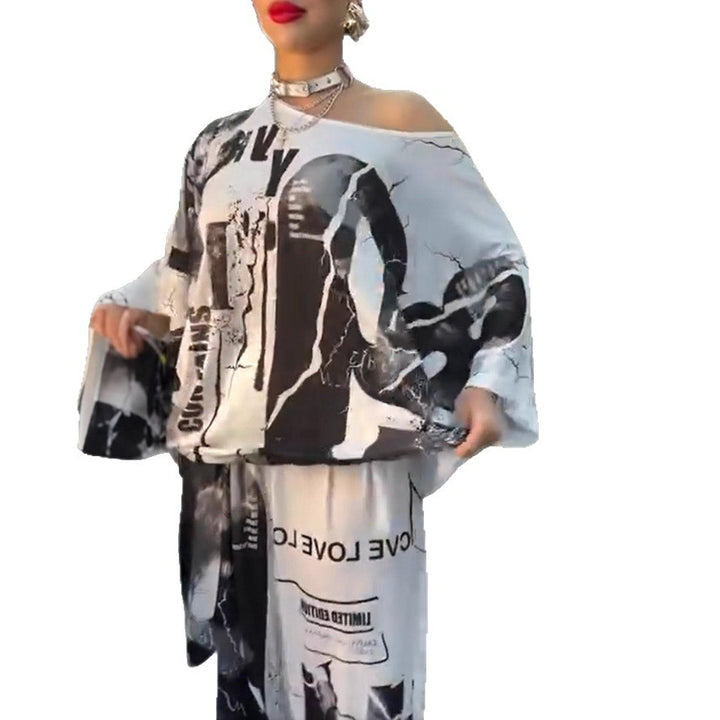 Ladies two-piece wide satin leisure set with off-shoulder batwing top and palazzo pants StylebySassy