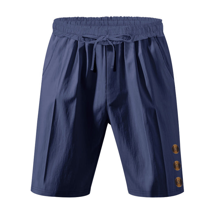 Men's knee-length casual Bermuda shorts with elastic tunnel drawstring waist, side slit pockets, and round decorative appliqués StylebySassy