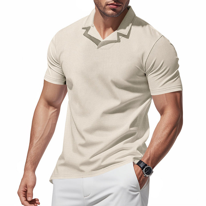 Men's structured short-sleeve polo with open V-neck and close-fitting cut StylebySassy