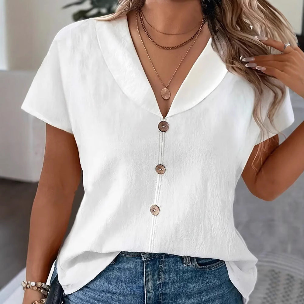 Women's airy linen-look blouse with broad shawl collar and decorative button placket StylebySassy