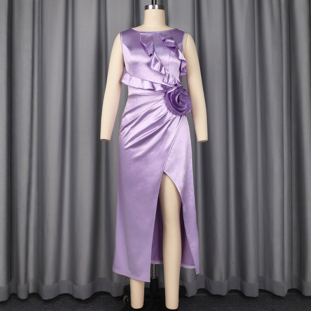 Women Elegant Satin Evening Dress with Ruffle Details and Side Slit StylebySassy