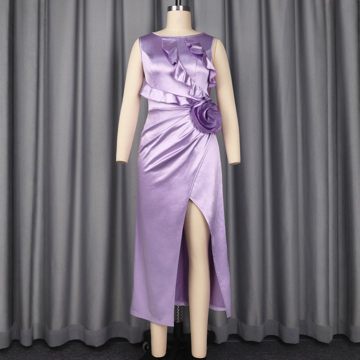 Women Elegant Satin Evening Dress with Ruffle Details and Side Slit StylebySassy