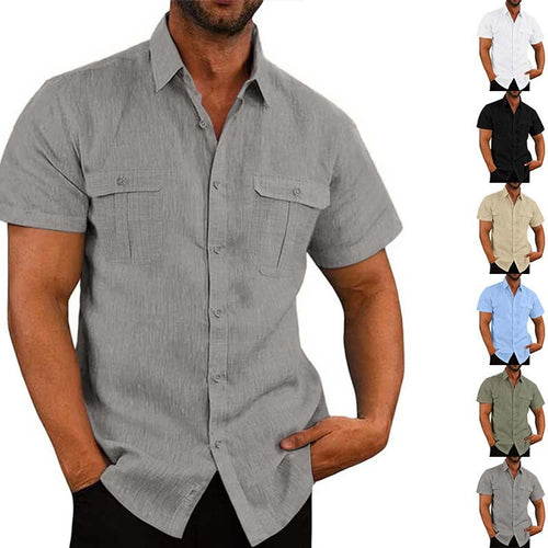 Men's structured short sleeve shirt in linen gauze look with flap pockets and rounded hem StylebySassy