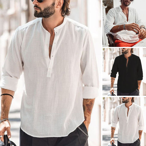 Men's casual shirt with stand-up collar, short button placket, and rounded hem StylebySassy