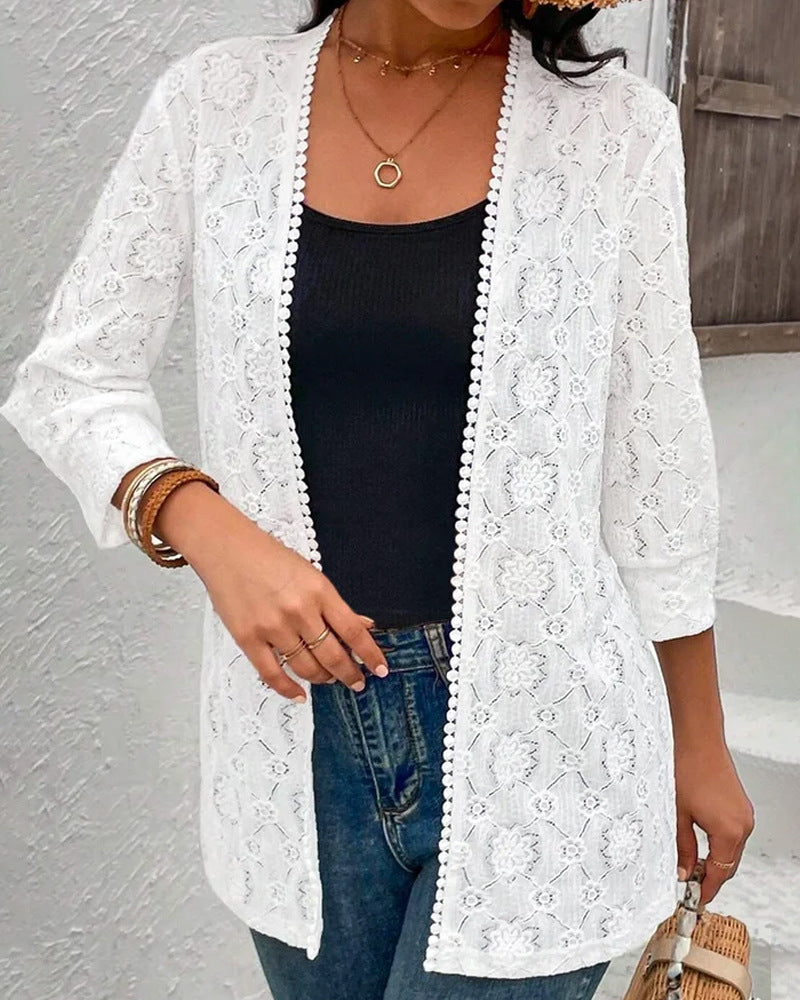 Women's lightweight lace jacket with open cut, three-quarter sleeves and crocheted trim StylebySassy