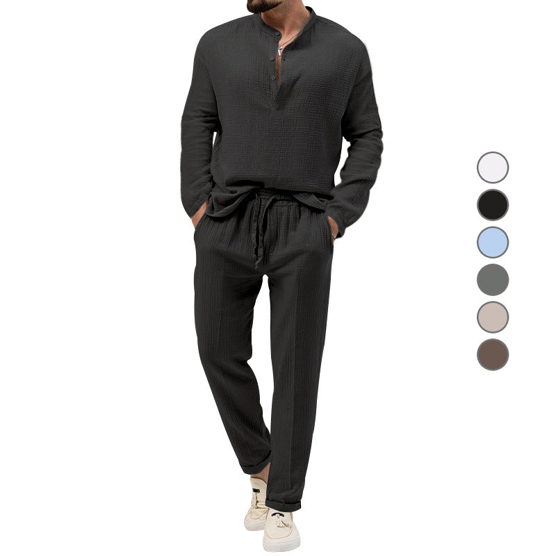 Men's muslin comfort set with semi-high collar and drawstring pants StylebySassy