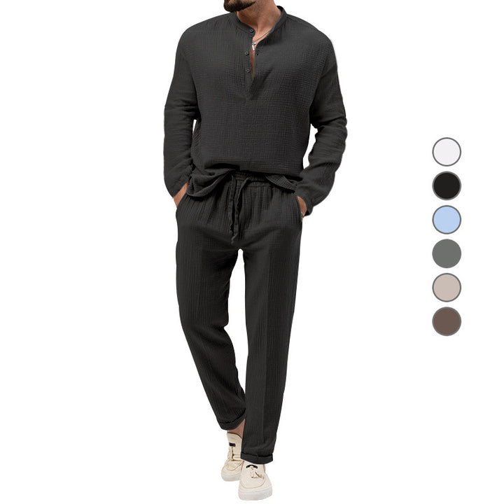 Men's muslin comfort set with semi-high collar and drawstring pants StylebySassy
