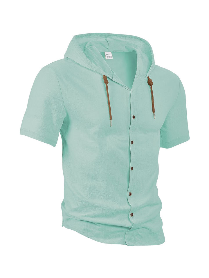 Men's short-sleeved hooded shirt with button placket, drawstring and linen look StylebySassy
