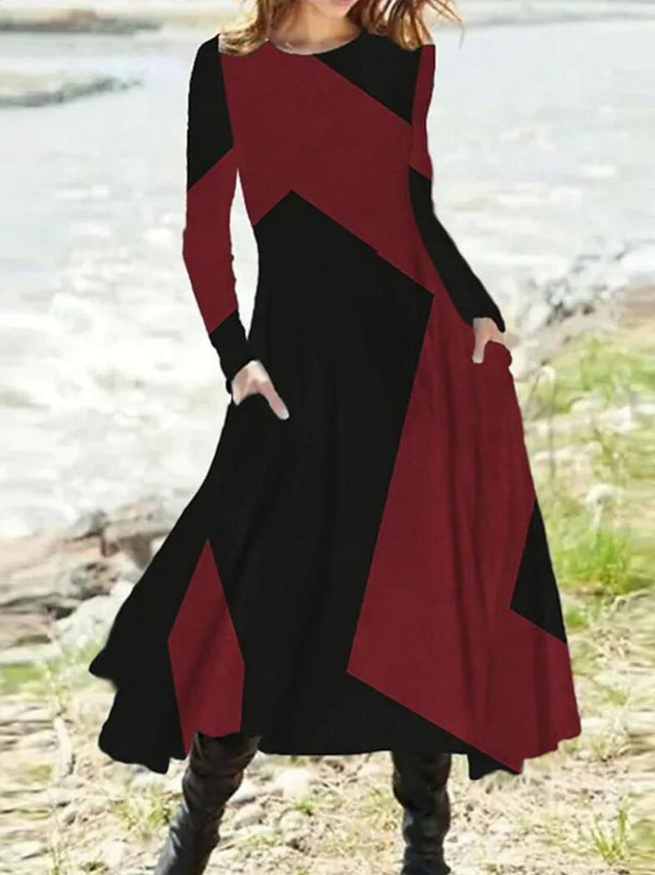Ladies nan geometric maxi dress with long sleeves, A-line cut and side pockets StylebySassy