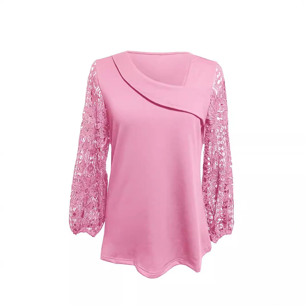 Ladies nan tunic top with asymmetrical waterfall yoke and floral lace balloon sleeves StylebySassy