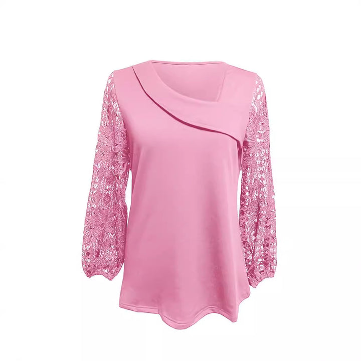 Ladies nan tunic top with asymmetrical waterfall yoke and floral lace balloon sleeves StylebySassy