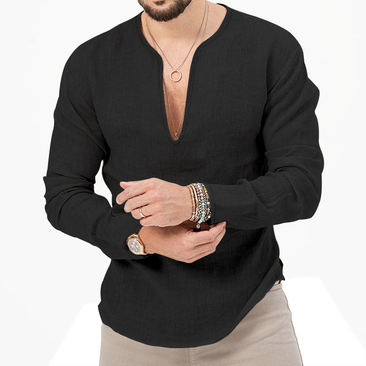 Men's relaxed linen tunic shirt with open slit collar and rounded hem StylebySassy