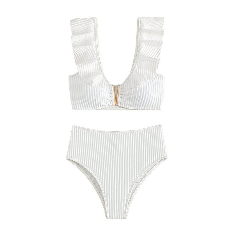 Ladies high-waisted bikini set with ruffle details and gold accents StylebySassy