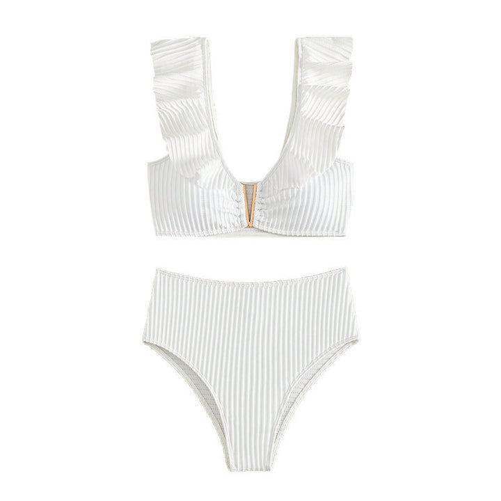 Ladies high-waisted bikini set with ruffle details and gold accents StylebySassy