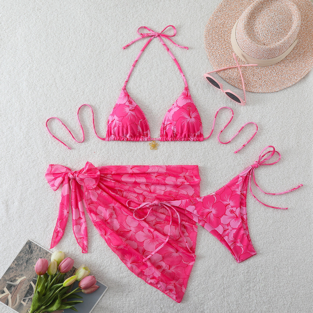 Ladies Triangle Bikini Set with Wrap Skirt and Floral Design StylebySassy