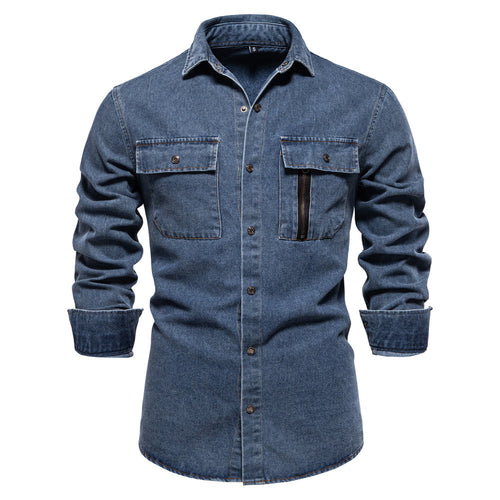 Men's tailored denim shirt with Kent collar, patch chest pockets and contrast stitching StylebySassy