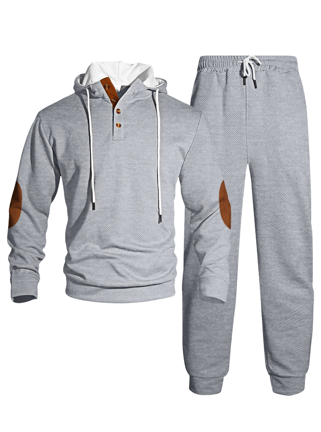 Men's waffle structure Henley hoodie set with wooden button placket elbow patches and tapered joggers StylebySassy
