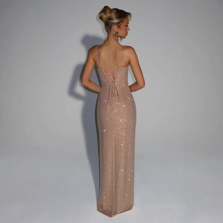 Ladies Glamorous Maxi Dress with Deep V-Neck and Shining Sequins