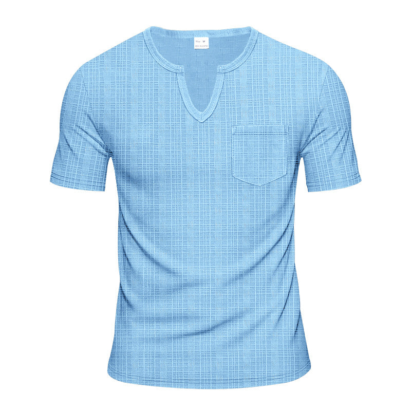 Men's short-sleeved shirt with slit V-neck structured linen look and patch chest pocket StylebySassy
