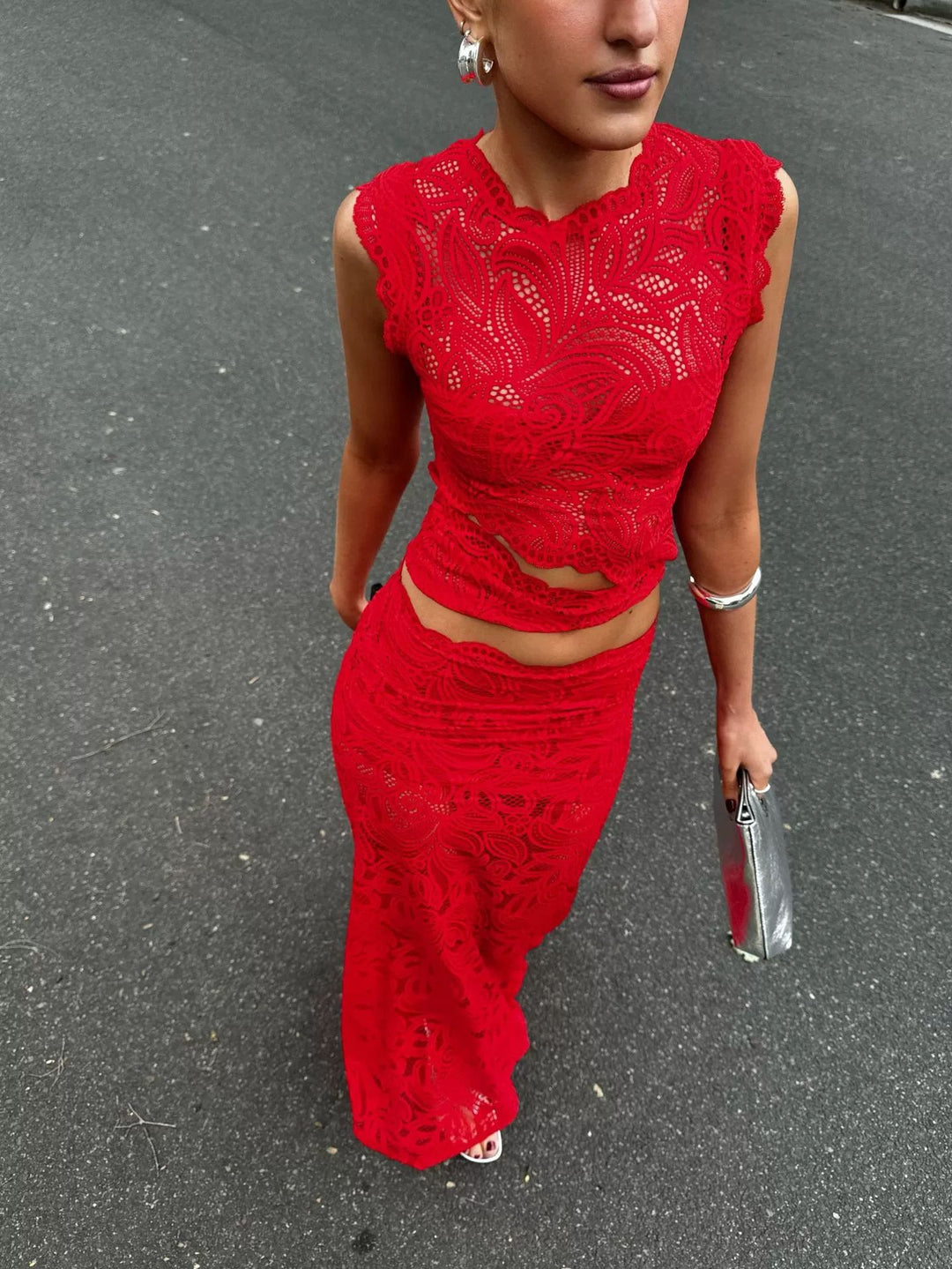 Women's elegant lace set with crop top featuring wavy hem and high-waisted form-fitting maxi skirt StylebySassy
