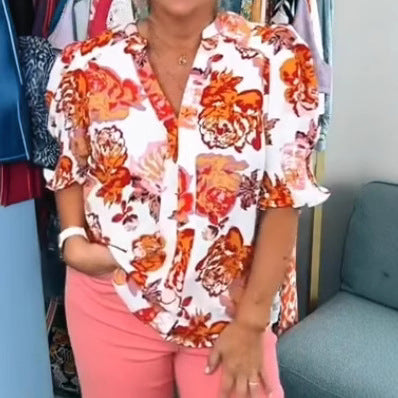 Ladies nan loose blouse with gathered puff sleeves and button placket StylebySassy