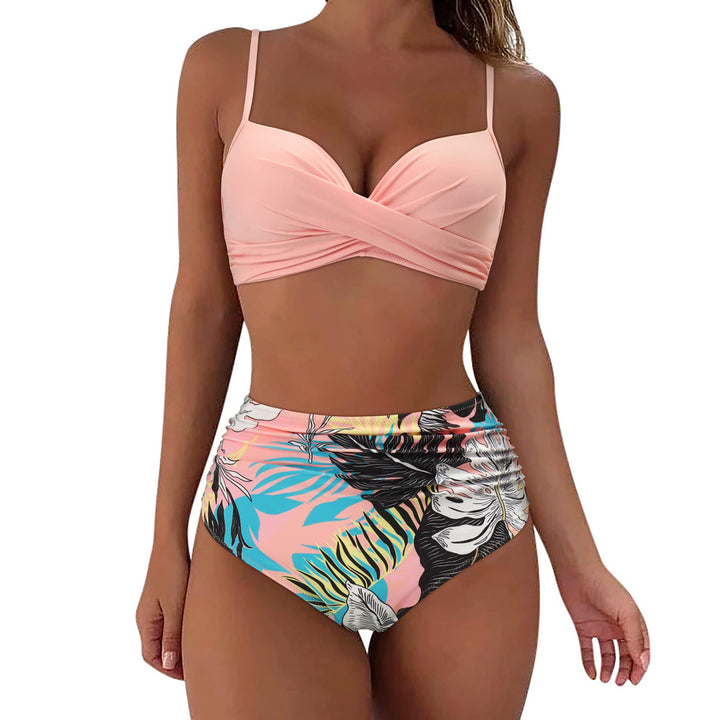 Women's High-Waisted Bikini Set with Floral Top and Gathered Bottom StylebySassy