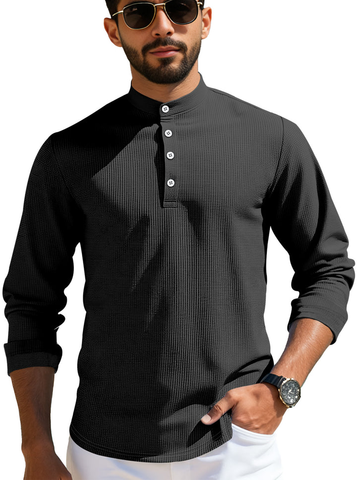 Men's structured long-sleeve henley with Nehru collar and tone-on-tone button placket StylebySassy