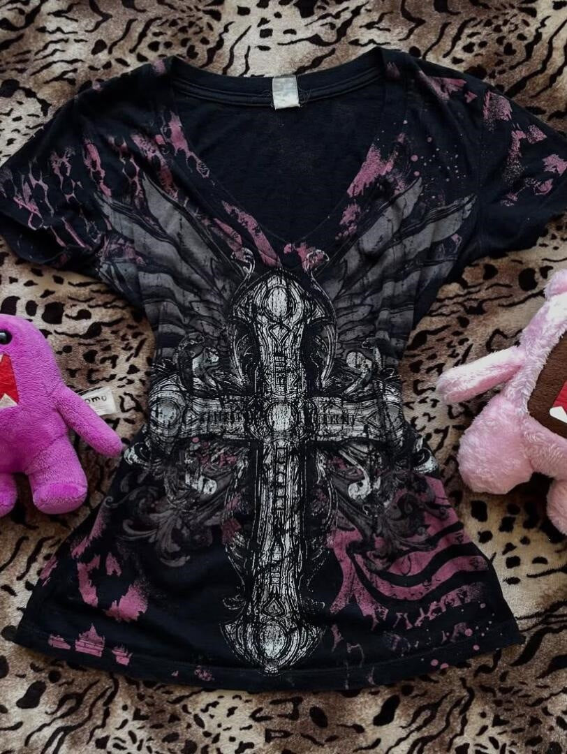 Women’s V-Neck T-Shirt with Impressive Graphic Cross StylebySassy