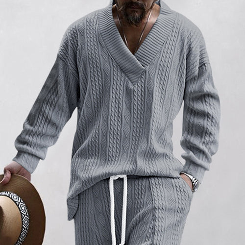 Men's Oversize Cable Knit Long Sweater with Deep V-Neck and Matching Knit Pants StylebySassy