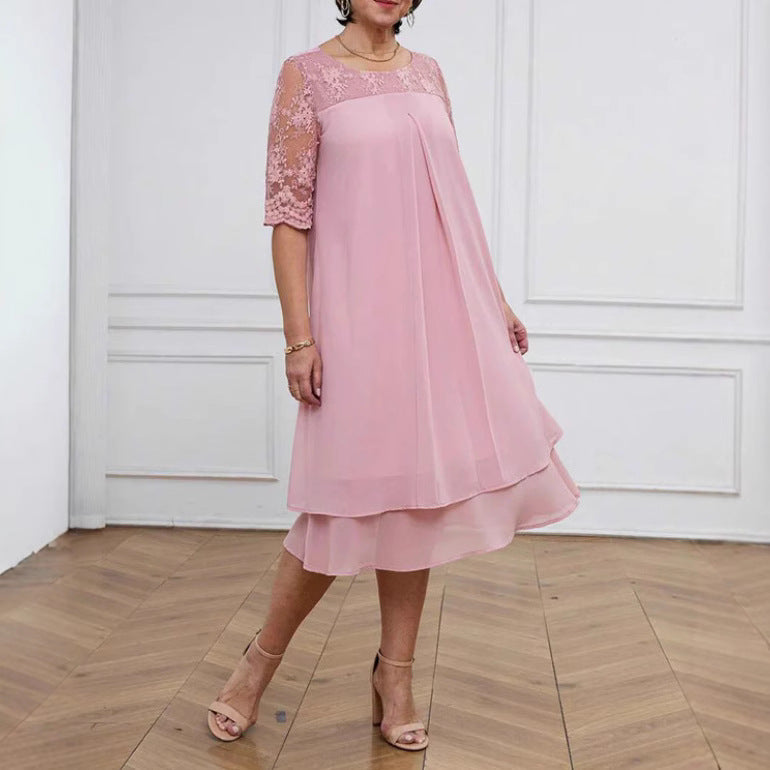 Women's A-line chiffon dress with floral embroidered lace yoke, hidden centre seam pleat, and layered ruffle StylebySassy