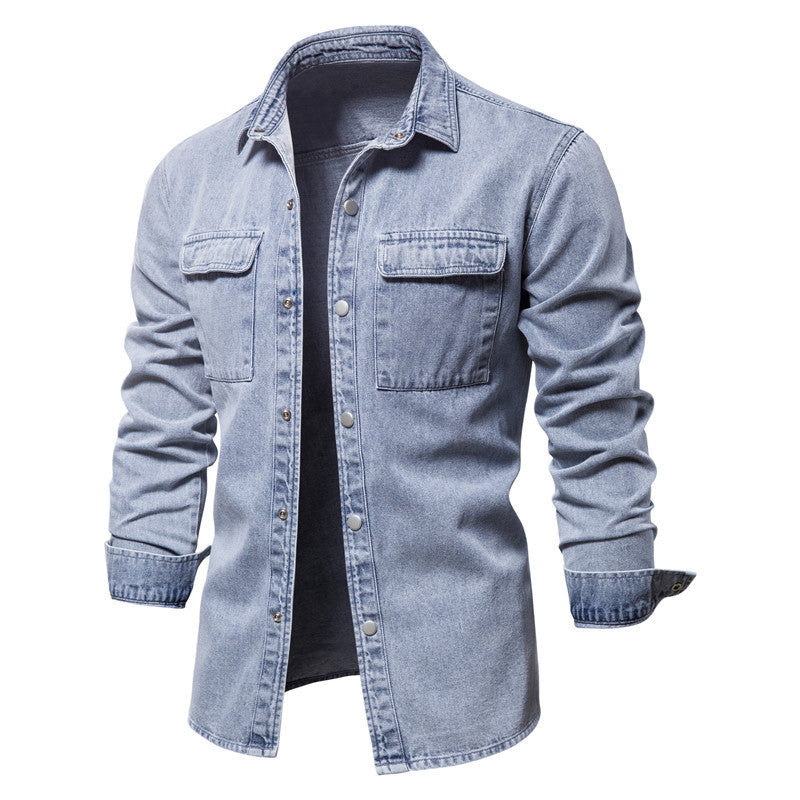 Men's casual jeans overshirt with snap button placket, patch chest pockets, and classic shirt collar StylebySassy