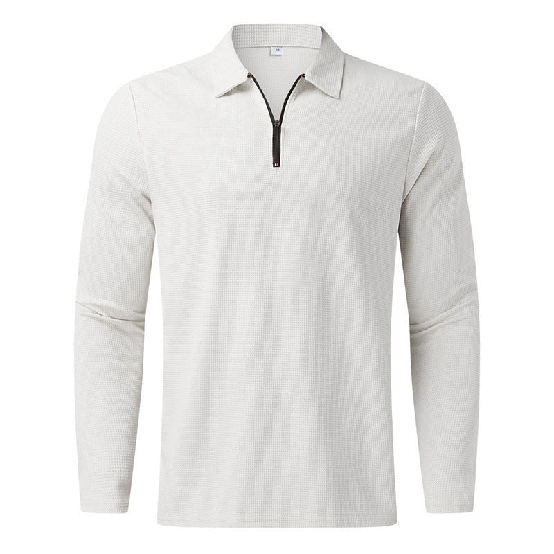 Men's long-sleeved polo shirt with kent collar, short front zip and fine waffle texture StylebySassy