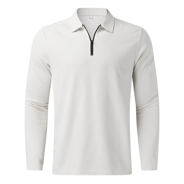 Men's long-sleeved polo shirt with kent collar, short front zip and fine waffle texture StylebySassy